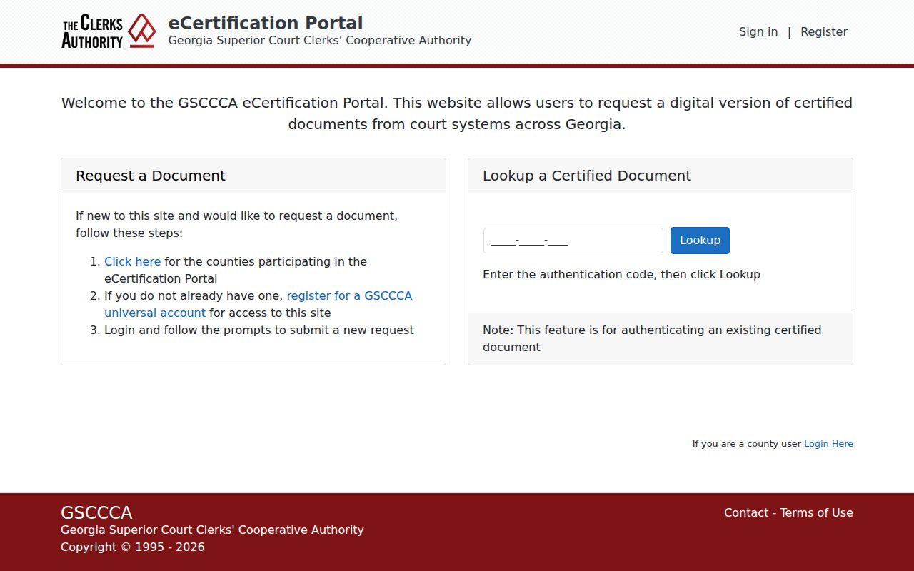 eCertify certified court document request and authentication portal