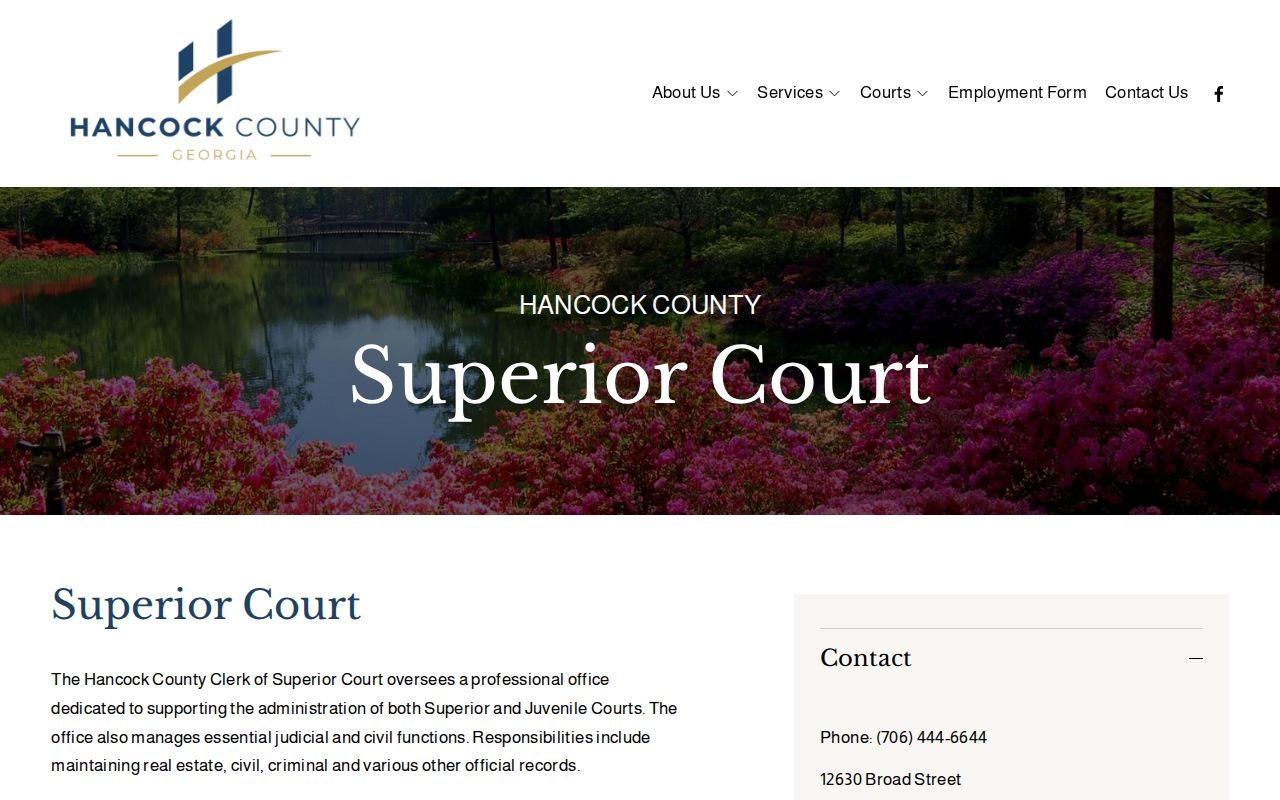 Hancock Superior Court clerk page with court record contacts