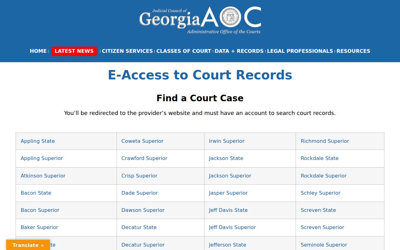 Georgia Courts E-Access directory route for Hancock County court records