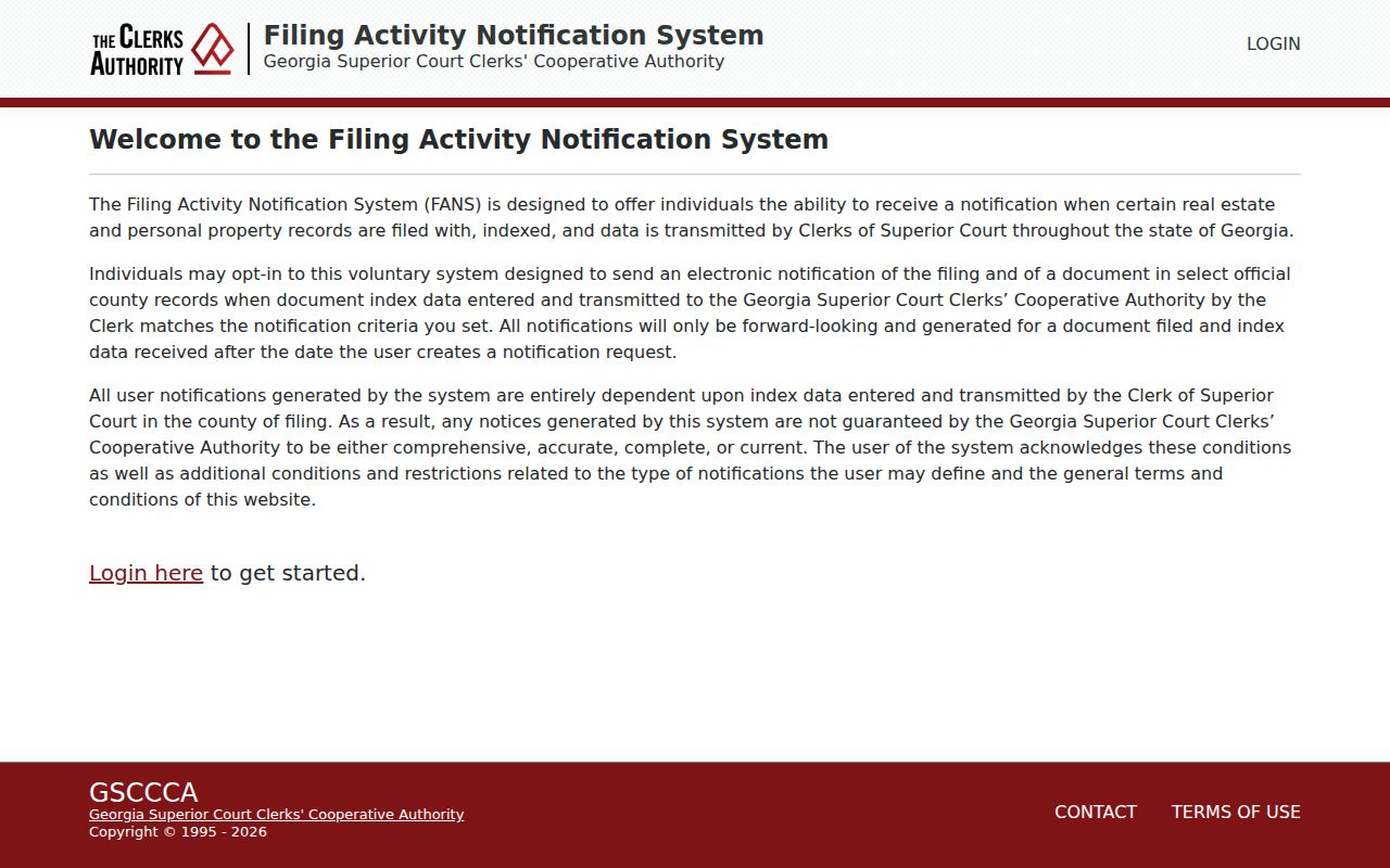 Georgia Filing Activity Notification System enrollment screen